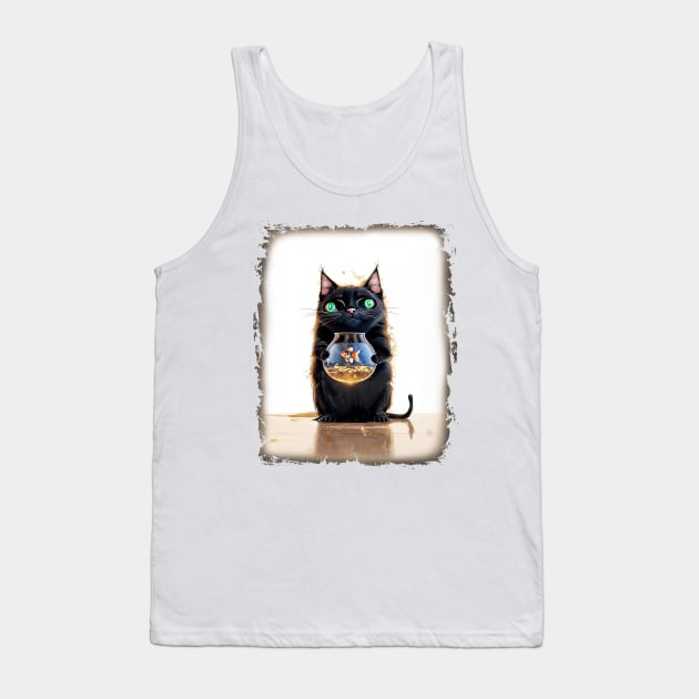 Black Cat Holding a Goldfish in a Fish Bowl Tank Top by candiscamera